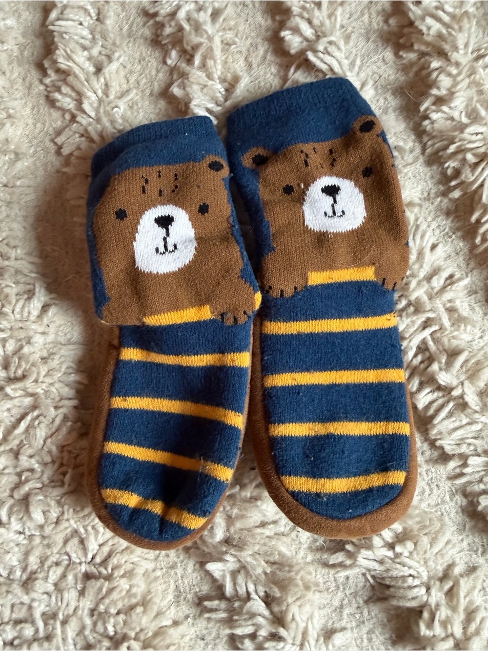 Kids Bear Stripe Slipper Socks - Navy and Brown